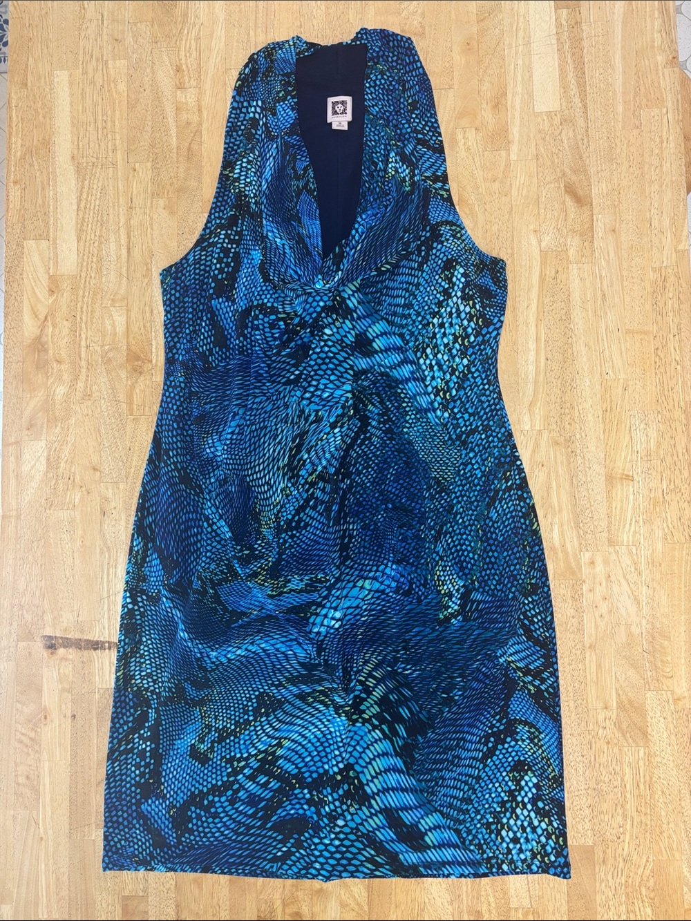 EUC Anne Klein Turquoise Navy Snakeskin Print Sleeveless Midi Dress Cowl Neck